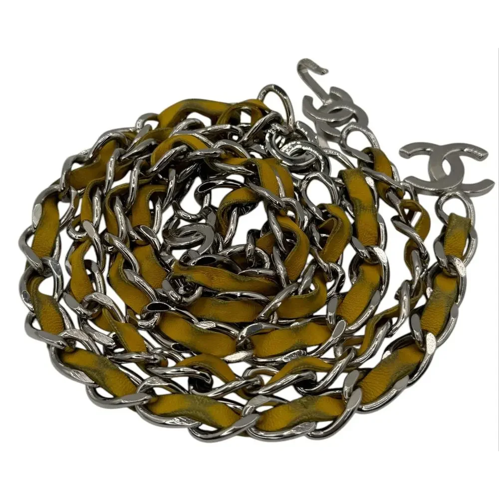 Chanel Yellow Lambskin Leather CC Silver Toned Hardware Chain Belt